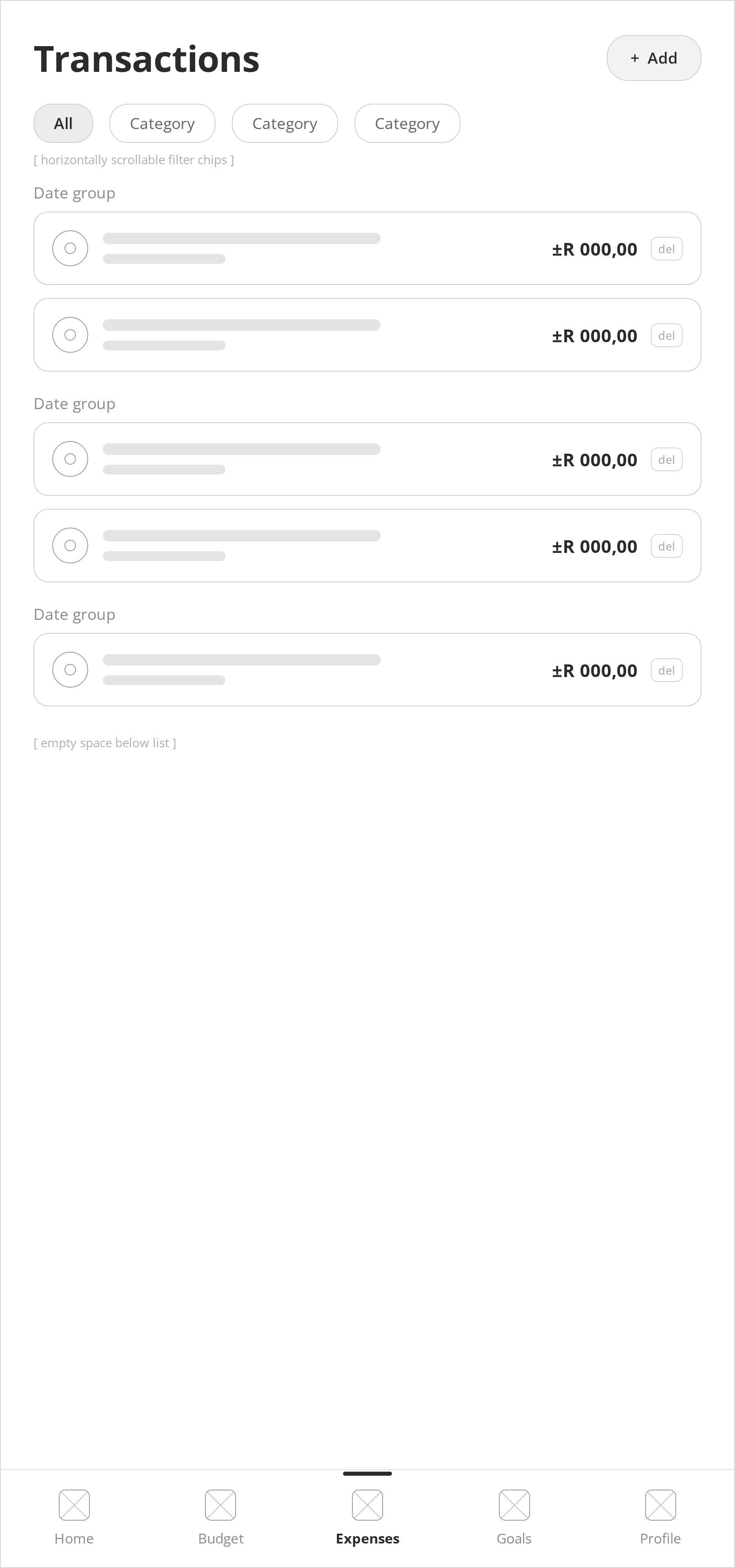 Wireframe of the Crest transactions screen with a searchable, filterable list