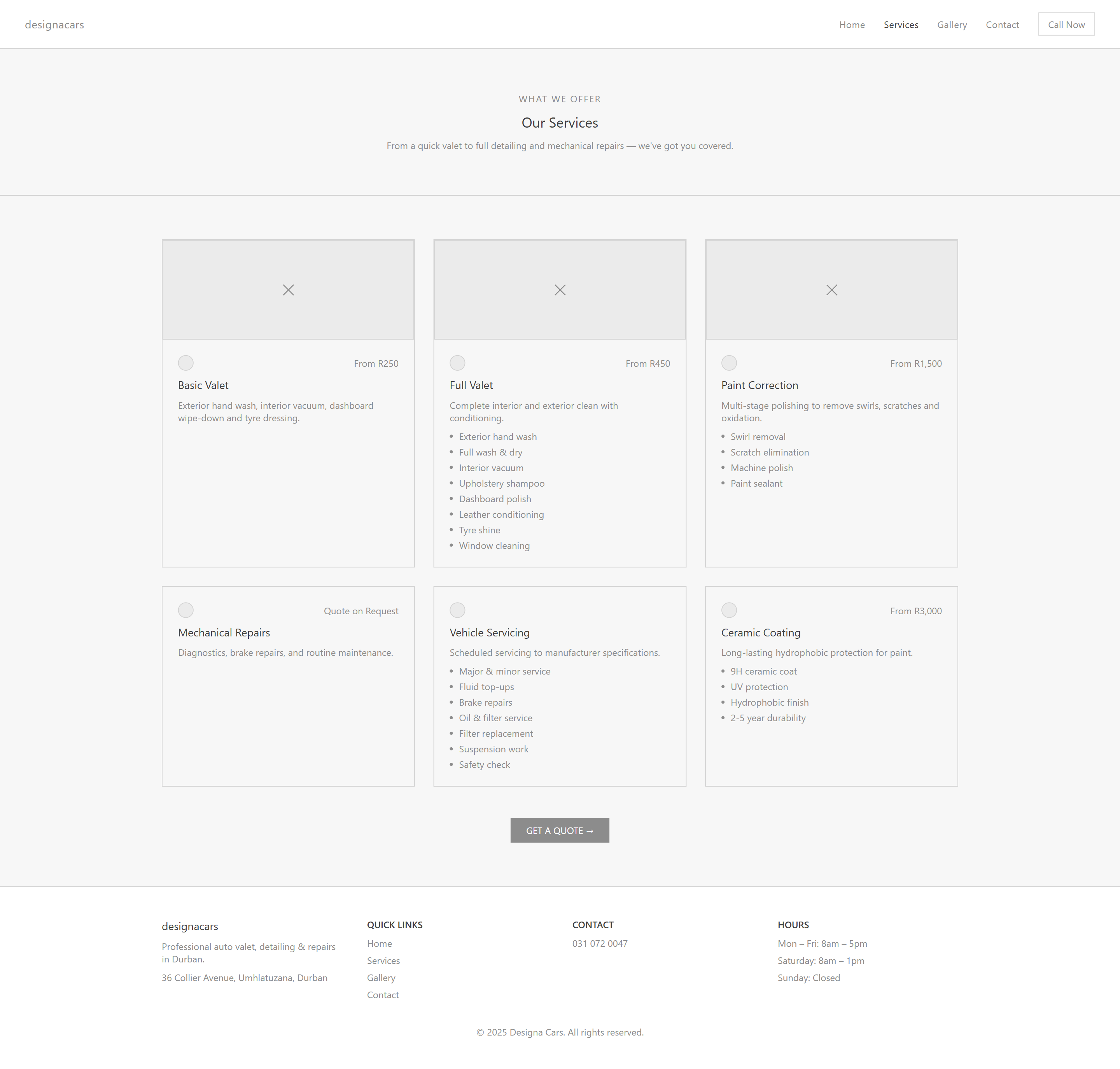 Wireframe of the DesignaCars services page with six service cards