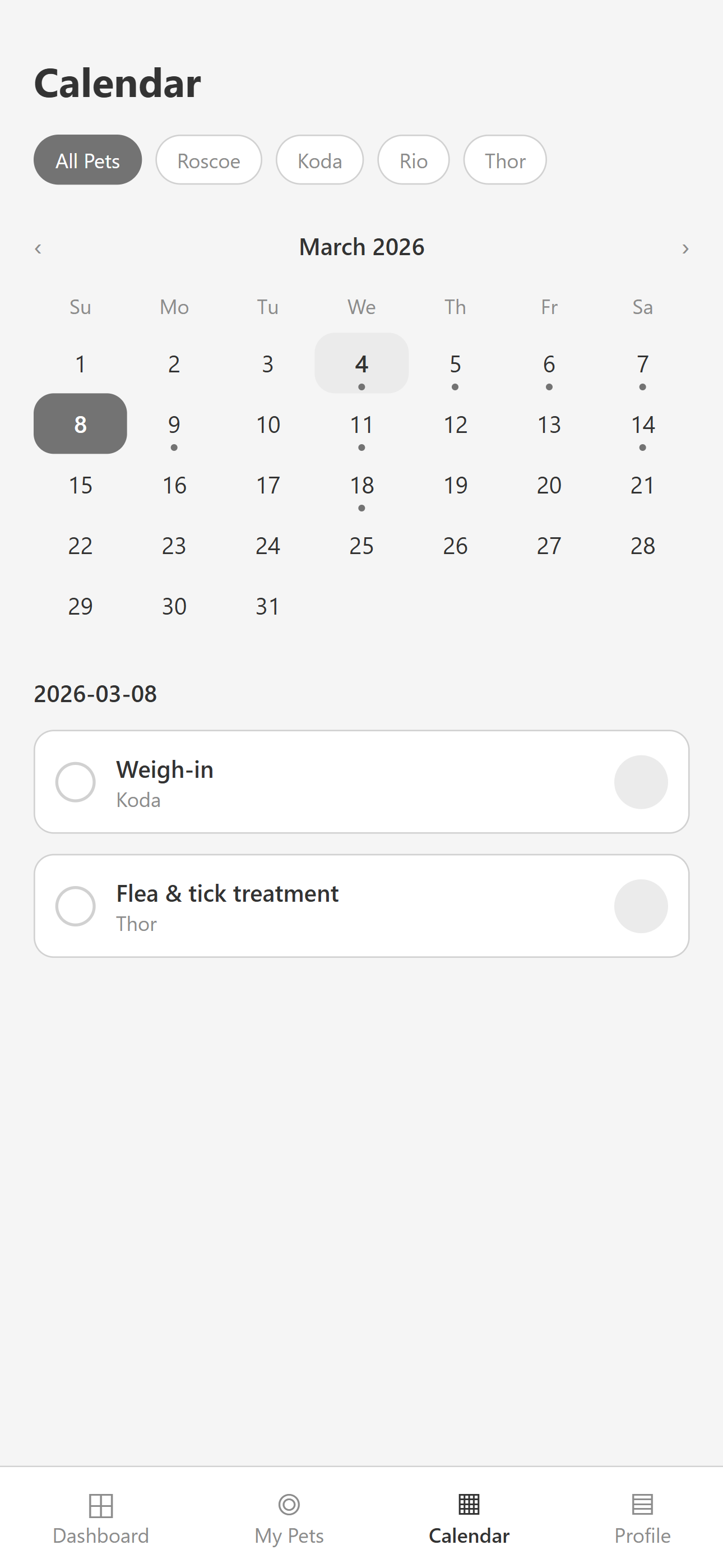 Wireframe of the Pawly calendar with pet filter chips and the task list for the selected day