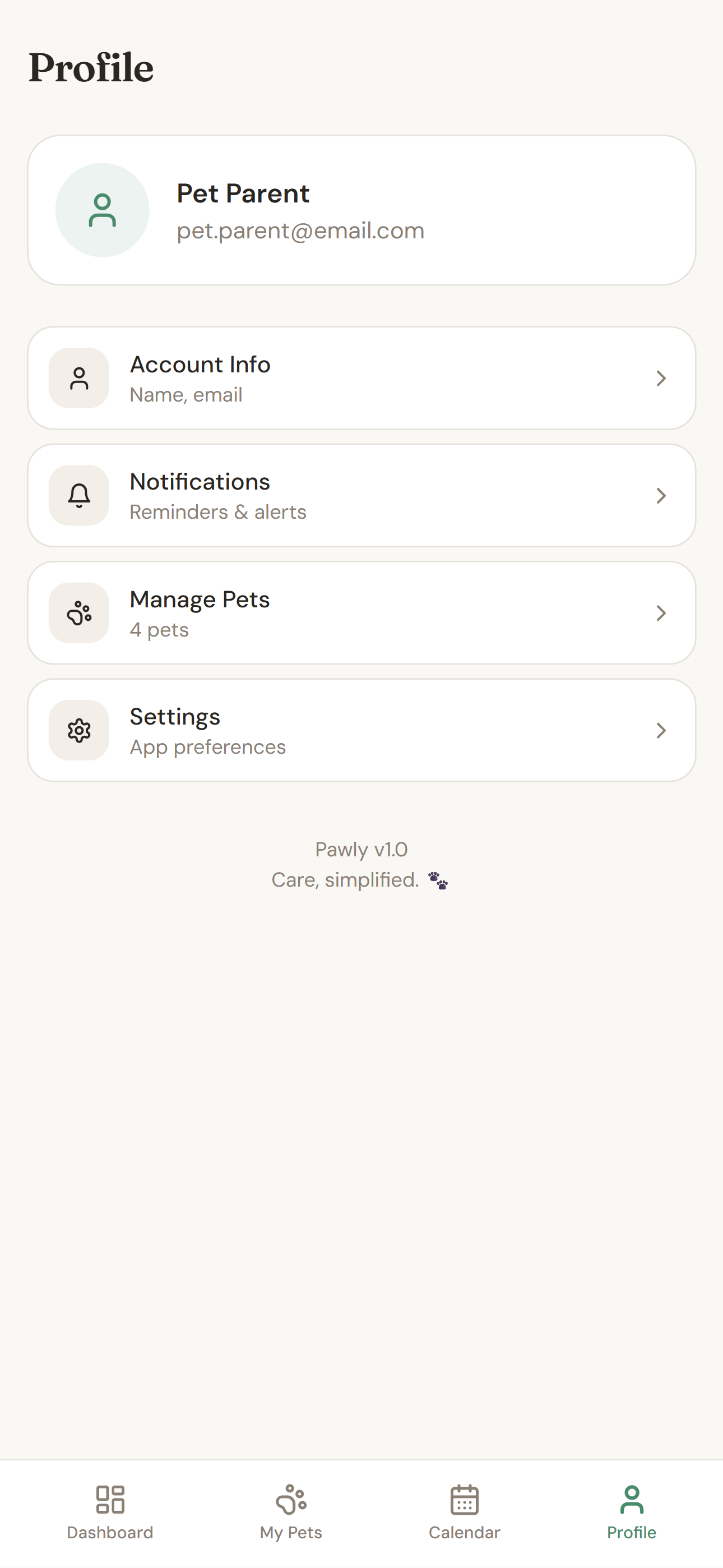 Pawly profile screen with notification and app settings